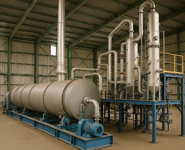 Pyrolysis plant converts waste or biomass into biochar, bio-oil, and syngas through oxygen-free thermal decomposition.