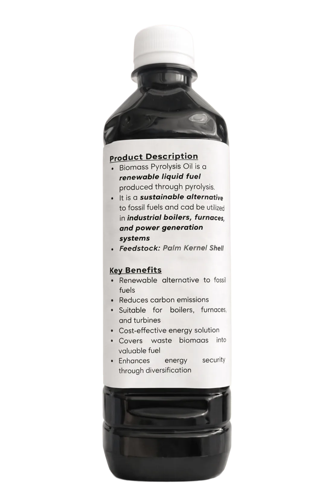 Biomass pyrolysis oil in a laboratory sample container