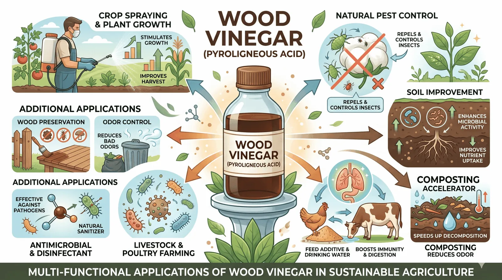 Infographic showing agricultural and industrial applications of wood vinegar.