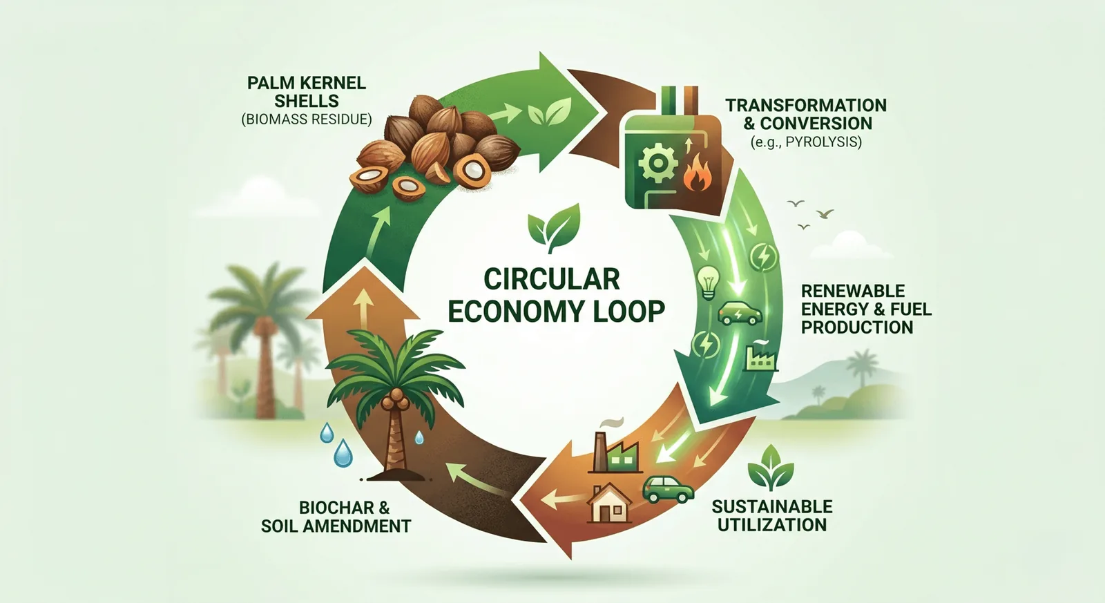 Local circular energy cycle turning plantation residue into usable fuel