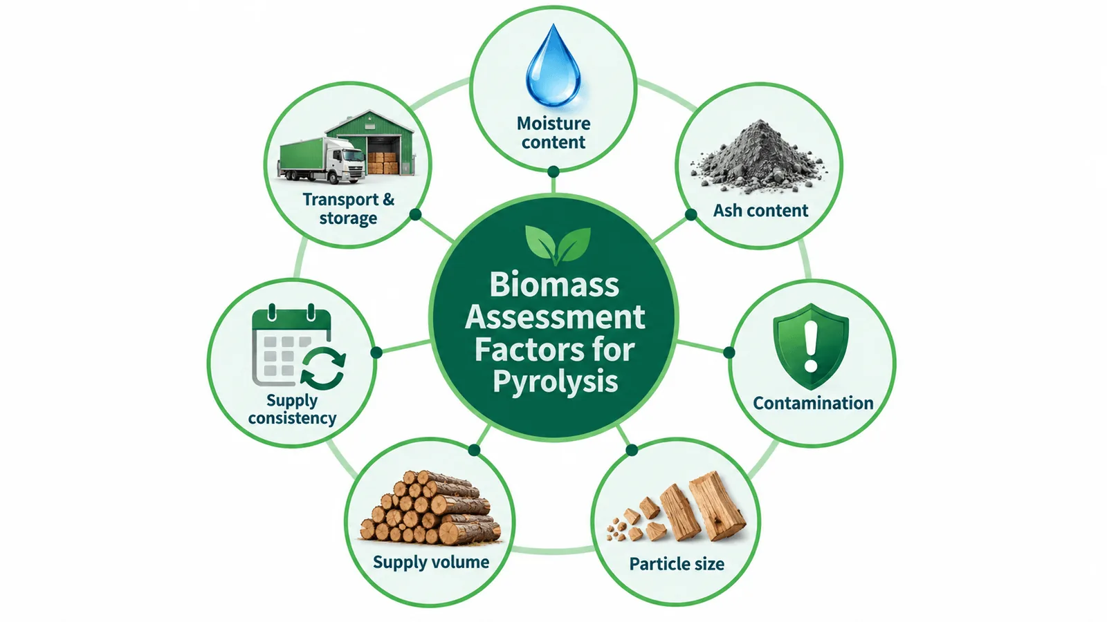 Infographic of seven biomass assessment factors for pyrolysis: moisture content, ash content, contamination, particle size, supply volume, supply consistency, and transport and storage
