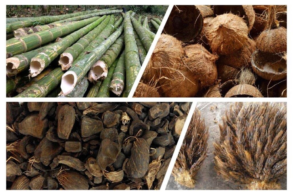 Biomass pyrolysis converts agricultural and forestry residues such as empty fruit bunches (EFB), palm kernel shell (PKS), coconut shells, sawdust, and wood waste into biochar, bio-oil, wood vinegar, and syngas under low-oxygen heating.
