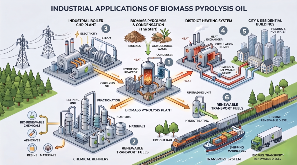 Infographic of biomass pyrolysis oil applications in Malaysia.